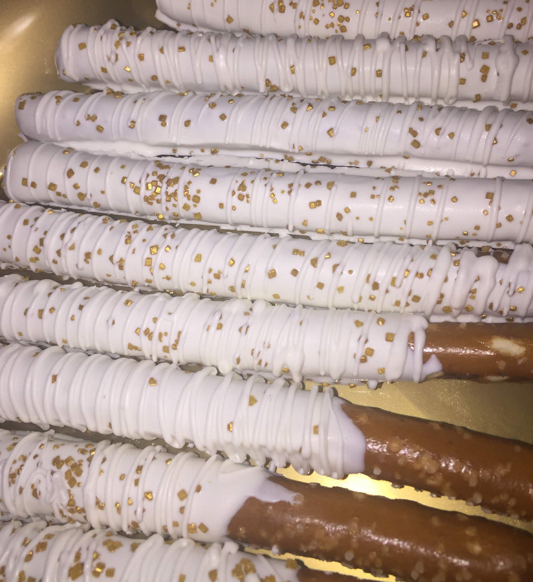 Pretzel Rods - Chocolate Covered/Dipped (White w/ Gold Sprinkles)
